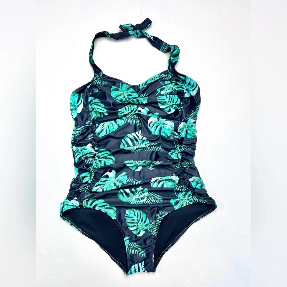 Yonique Plus swimsuit size 18W ruched halter neck tummy control tropical beach